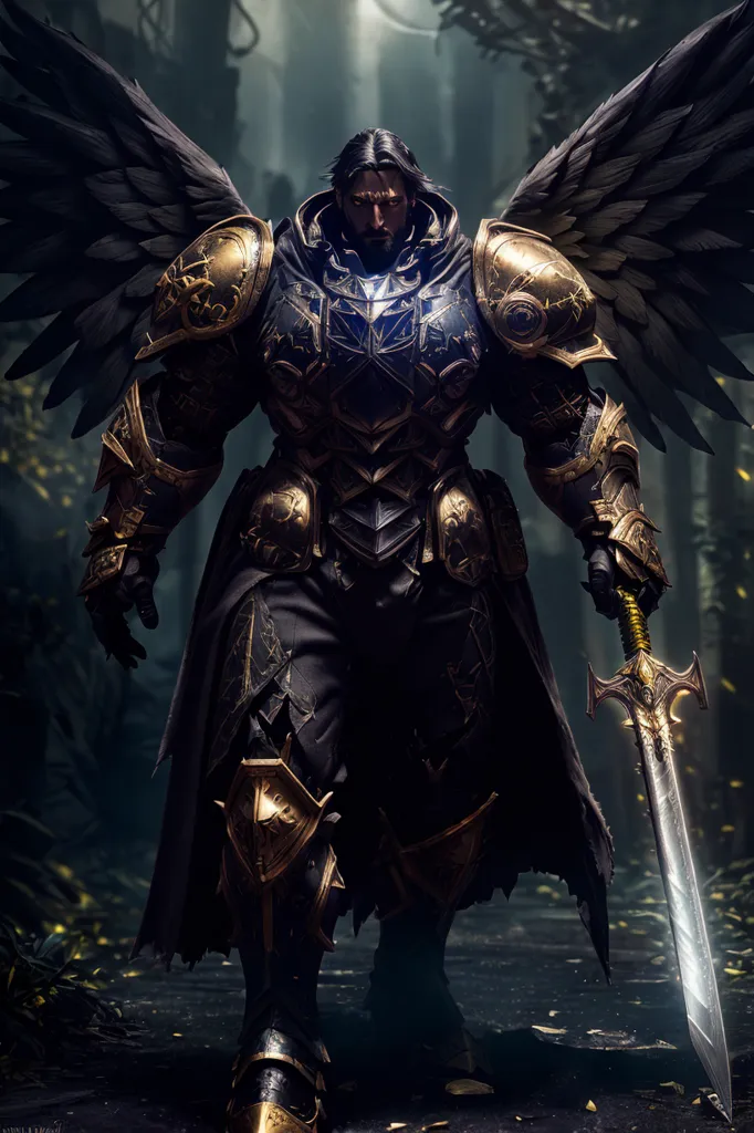 The image shows a tall, muscular man with long black hair and black wings. He is wearing a suit of black and gold armor and is holding a large sword. He is standing in a dark forest, and there is a bright light shining down on him from above. The man has a determined expression on his face, and it is clear that he is ready for battle.