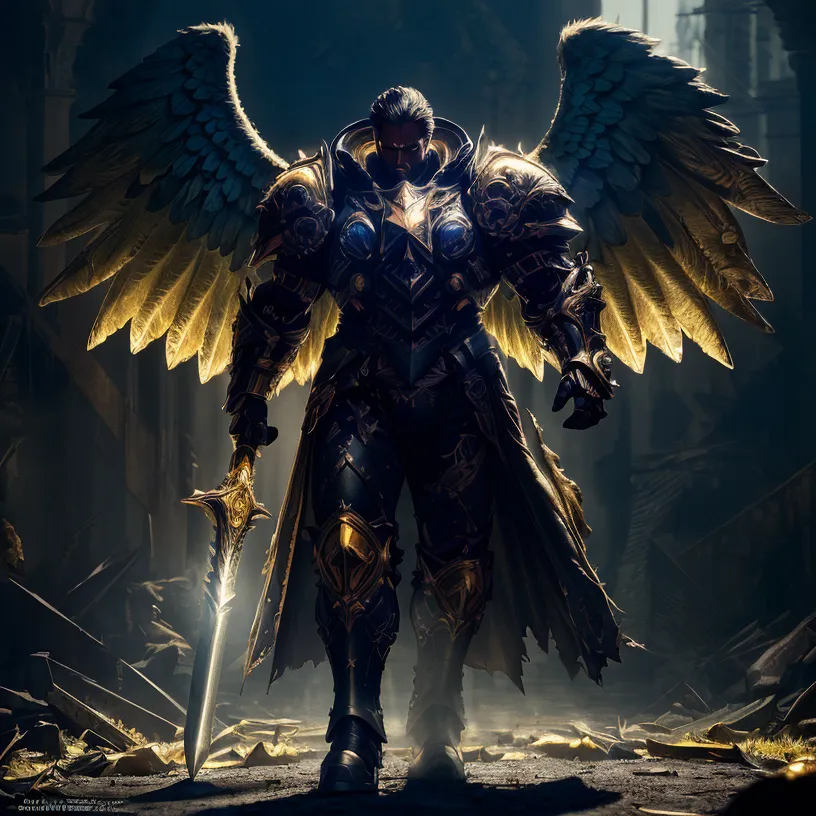 The image shows a muscular man with dark hair and a beard. He is wearing black and gold armor and has large, golden wings. He is standing in a dark, ruined city. There is a sword in his right hand. He looks like a warrior who is ready to fight.