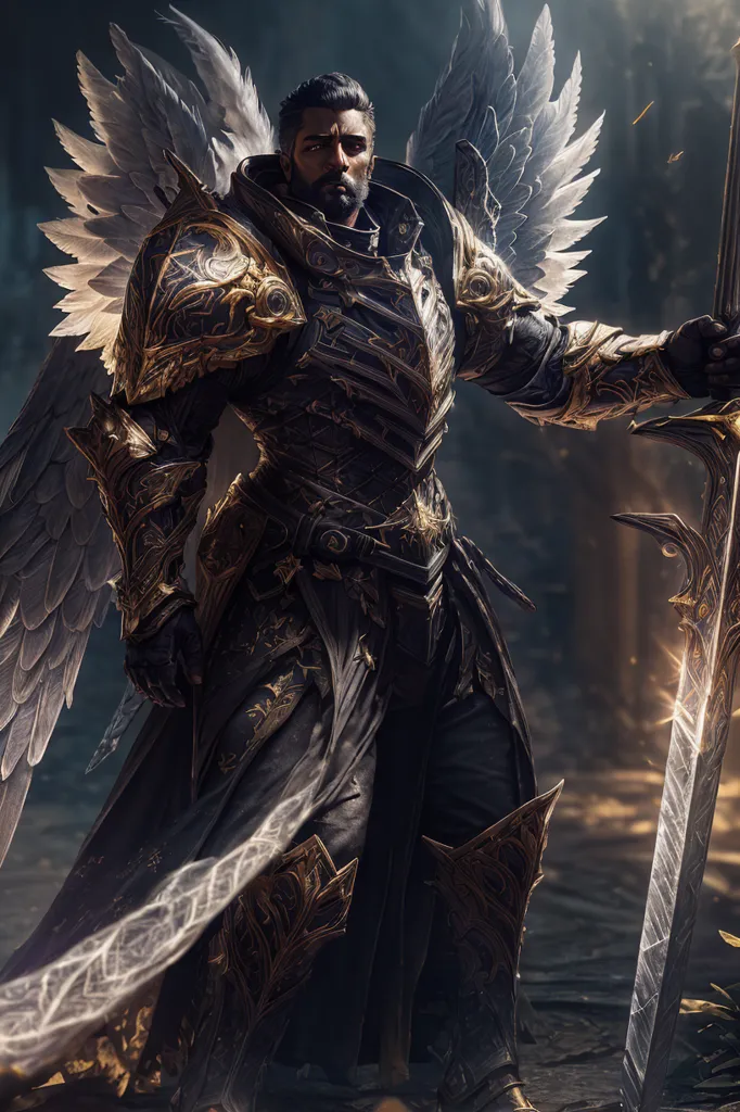 The image shows a male figure with dark skin and black hair. He is wearing a suit of black and gold armor and has a pair of white wings. He is holding a sword in his right hand. He is standing in a dark forest, surrounded by trees.