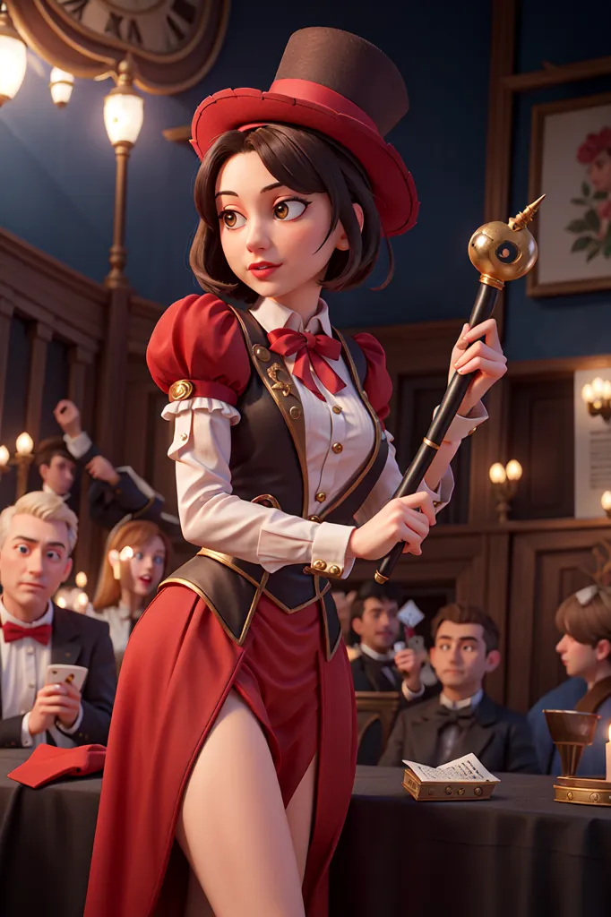 The picture shows a young woman dressed in a magician's outfit. She is wearing a red top hat, a red and white striped vest, and a long red skirt with a slit up one leg. She is also wearing a pair of white gloves and a red bow tie. She is holding a golden scepter in her right hand. She has brown hair and brown eyes. She is standing in front of a group of people who are all dressed in formal attire. The people are all sitting at a table and they are all looking at her.