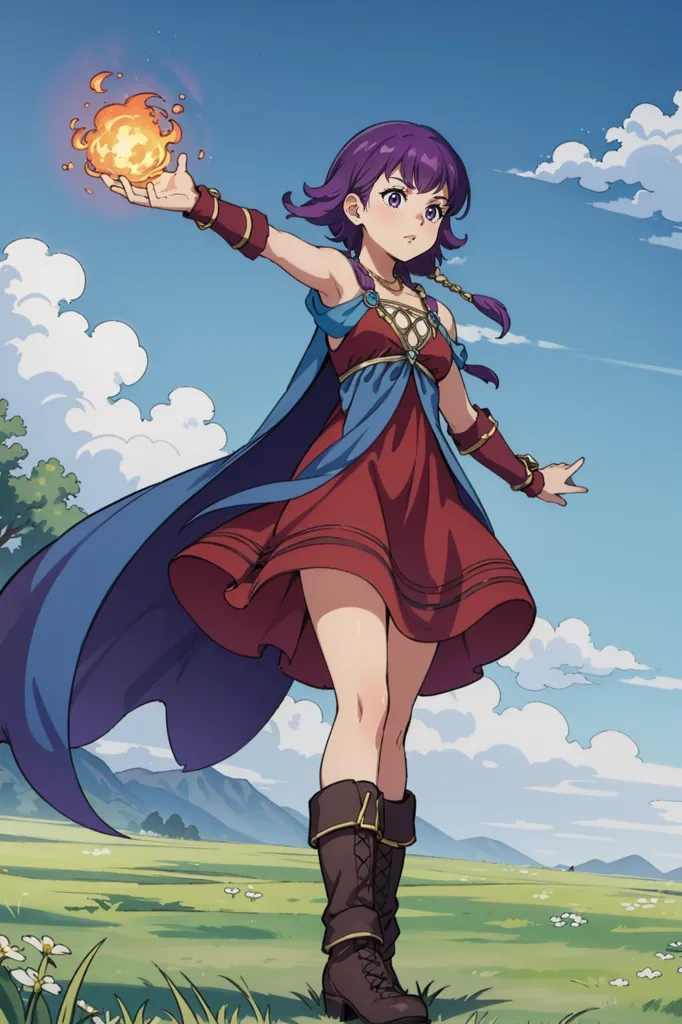 This is an image of a young woman standing in a field, holding a fireball in her hand. She is wearing a red and blue dress and a blue cape. She has purple hair and brown eyes. The background is a grassy field with trees and mountains in the distance.