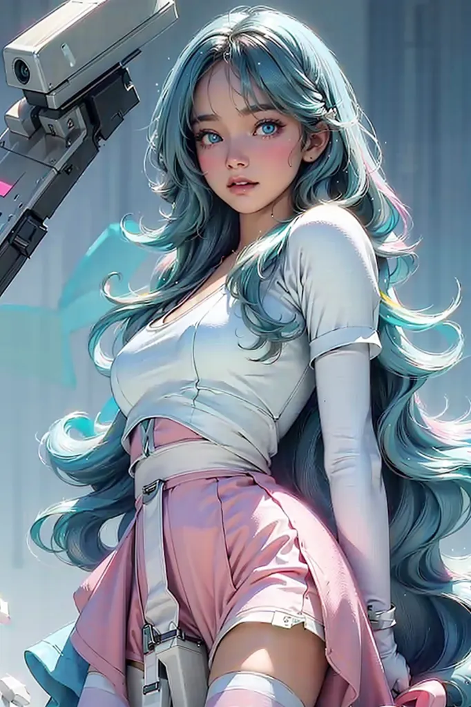 The image is an anime-style drawing of a young woman with long, flowing teal hair and blue eyes. She is wearing a white crop top with a pink belt and a pair of pink shorts. She is also wearing a pair of white boots. The woman is standing in front of a blue background, and there is a large gun on her right side. She has a serious expression on her face.