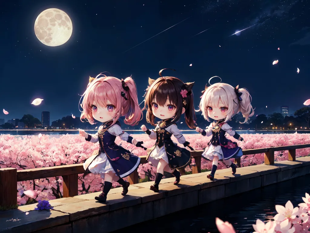 The image is a night scene. There are three anime girls walking on a bridge over a river. The girls are all wearing kimonos. The one on the left has pink hair, the one in the middle has brown hair, and the one on the right has white hair. The girl on the left is carrying a pink flower. The girl in the middle is carrying a white flower. The girl on the right is carrying a yellow flower. There are cherry blossoms falling from the trees. There is a full moon in the sky. The background is a cityscape with a river running through it.