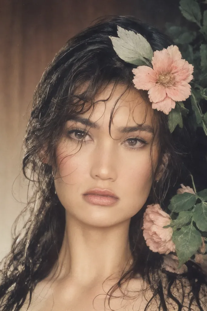 La foto muestra a una mujer joven con el cabello largo y oscuro. Lleva una corona de flores rosas y tiene una expresión seria en el rostro. Su cabello está mojado y lleva un maquillaje de tonos claros. Viste un vestido blanco que se desliza de sus hombros. Tiene una flor prendida en el hombro derecho del vestido.