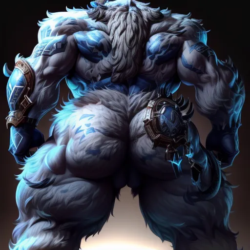 The image is of a muscular, blue-skinned minotaur. It is standing with its back to the viewer, and its head is turned to the side. The minotaur has a large, muscular body with thick fur covering its back and legs. Its fur is white with blue tips. The minotaur also has a long, thick tail. The minotaur is wearing a pair of metal gauntlets and a metal belt with a large gem in the center. It also has a large metal ring in its nose. The minotaur is standing in a dark, smoky room. There is a large fire burning in the background.