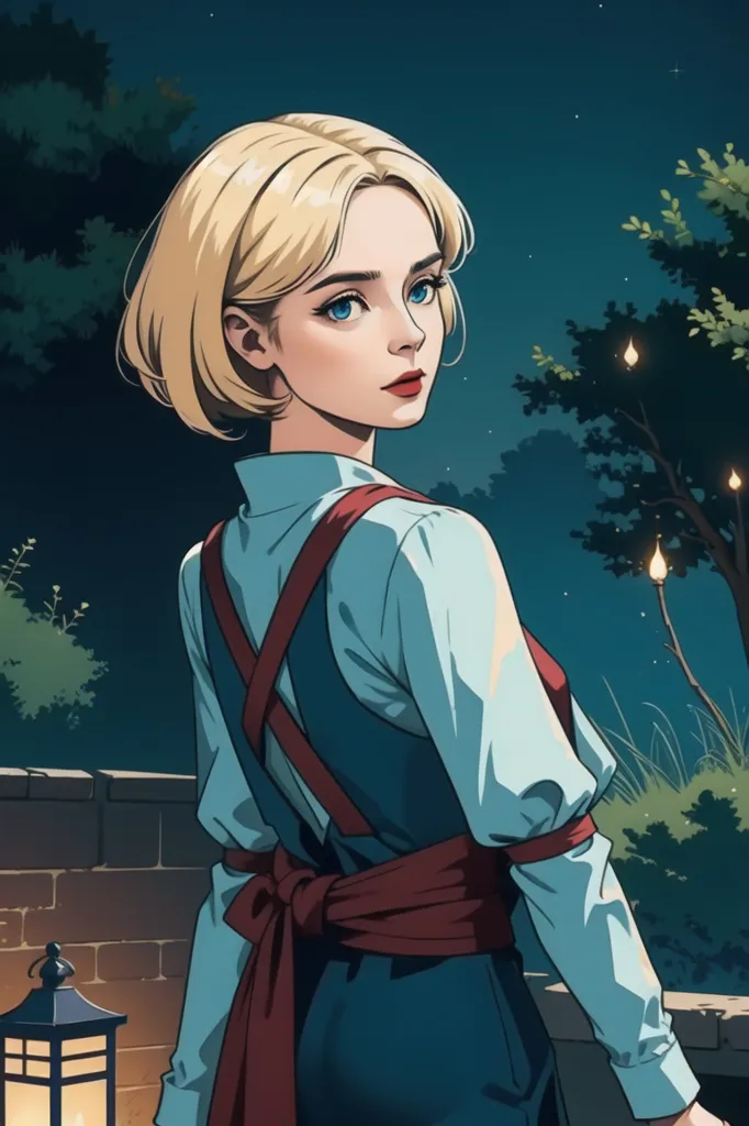 The image is of a young woman with short blonde hair and blue eyes. She is wearing a blue blouse and a red apron. She is standing in a garden, looking over her shoulder at the viewer. There is a lantern on the ground next to her. The background is a night sky with stars and trees.