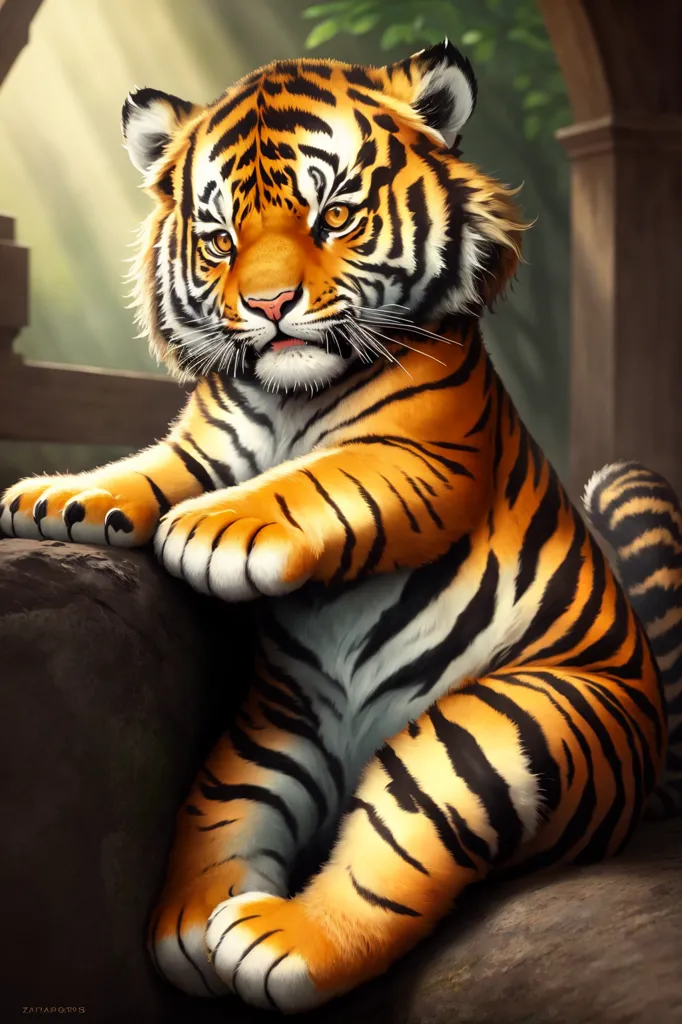 The image shows a tiger sitting on a rock in front of a stone building. The tiger is looking at the viewer with its big, round eyes. It has a light orange coat with black stripes and white paws. The fur on its belly is white. The tiger is sitting with its front paws on the rock and its back paws tucked under its body. Its tail is wrapped around its back leg. The background of the image is a blur of green leaves.