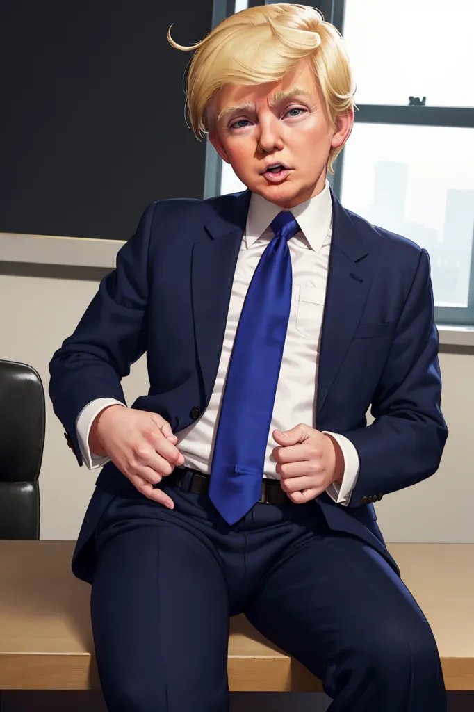 This image shows a young boy with blond hair wearing a suit and tie that is too big for him. The boy is sitting on a table, with his hands clasped in front of him. He is looking at the camera with a serious expression. The background is a blurred image of an office.