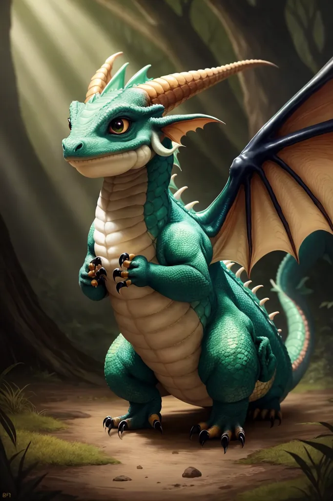 La imagen es una pintura digital de un dragón verde. El dragón está sentado en el suelo en un bosque. Tiene las alas plegadas contra su cuerpo y mira al espectador con una expresión curiosa. El dragón es verde con cuernos amarillo-verdosos y un vientre amarillo. Tiene garras negras y una cola larga y con púas. El bosque es oscuro y sombrío. El suelo está cubierto de musgo.