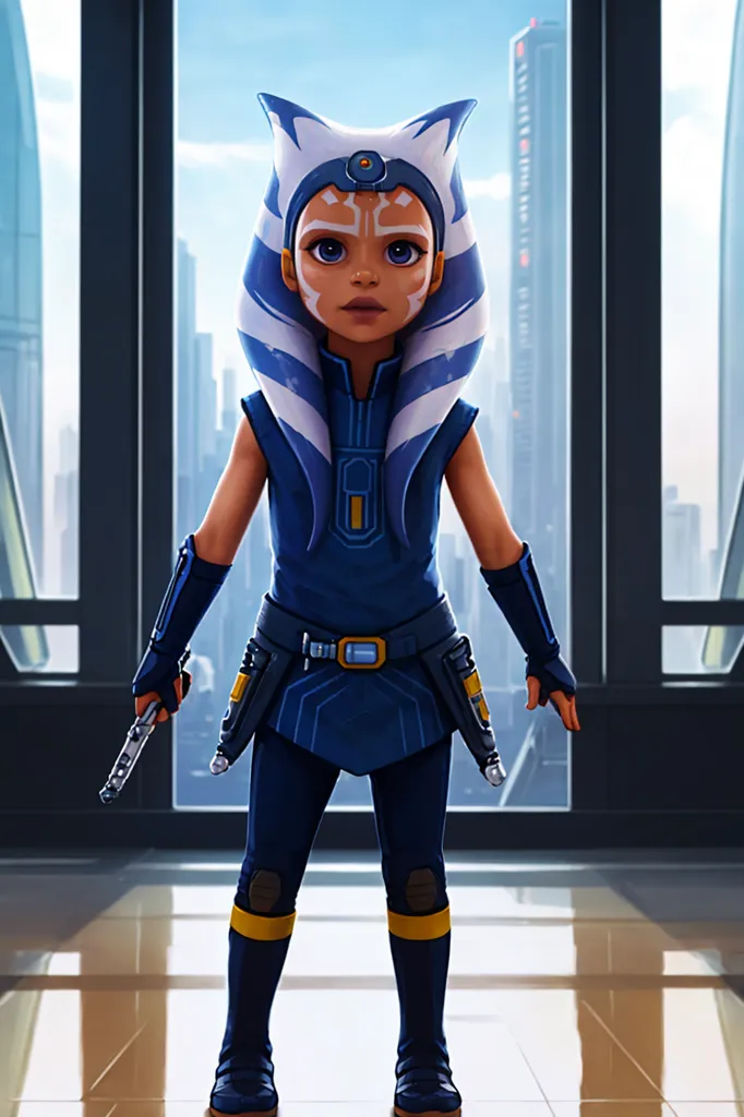 This is an image of Ahsoka Tano, a character from the Star Wars franchise. She is a Togruta, a species with montrals, or head-tails, and lekku, or face-tails. She is wearing her classic outfit, which consists of a blue and white jumpsuit with a yellow belt, and has her montrals and lekku painted in the same colors. She is also carrying two lightsabers. The background of the image is a cityscape with a large window showing the city.