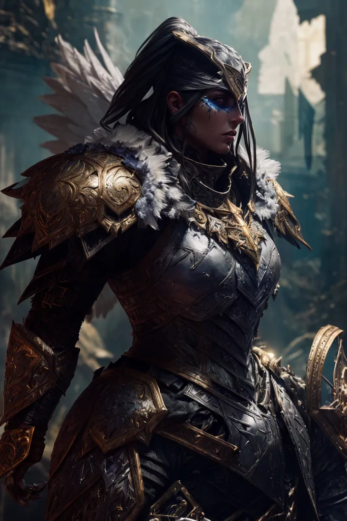 This is an image of a woman wearing fantasy armor. The armor is dark grey with gold trim and white fur around the collar. The woman has long black hair and blue eyes. She is standing in a dark place, possibly a dungeon or a battlefield. She is holding a sword in her right hand and a shield in her left hand. The sword is long and thin, with a curved blade. The shield is round and made of metal. The woman is wearing a helmet with a visor. The visor is up, and the woman's face is visible. She has a determined expression on her face. She is ready for battle.