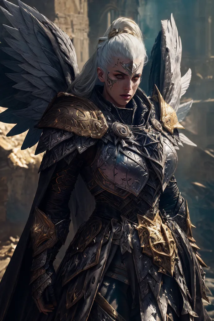 A woman with white hair and black wings is standing in a dark place. She is wearing a black and gold armor and has a sword in her hand. She is looking at the viewer with a serious expression.