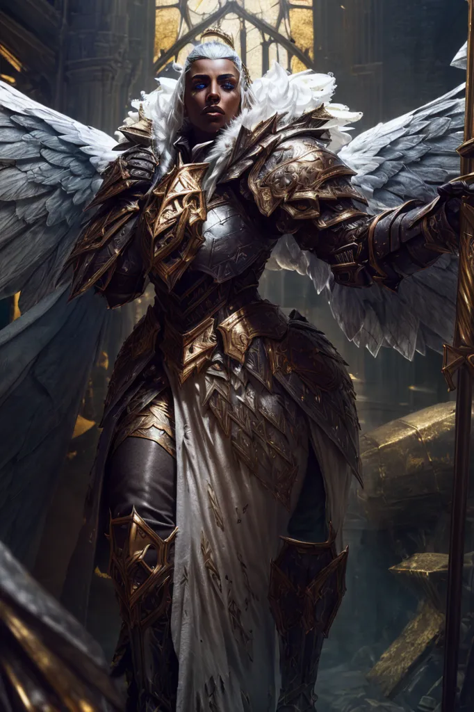 The image shows a tall, muscular woman with dark skin and white hair. She is wearing a suit of armor and has a pair of large, white wings. She is standing in a dark, ruined room, and there is a bright light coming from behind her. The woman is holding a sword and shield, and she has a determined expression on her face.