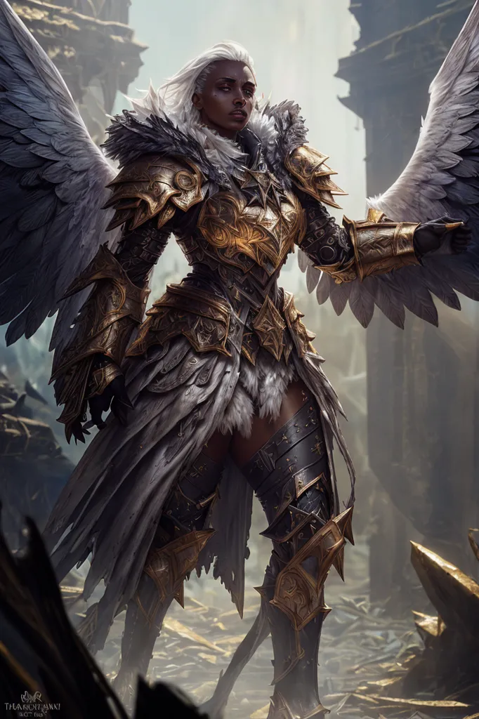 This is an image of a black woman with white hair and wings. She is wearing a suit of armor that is gold and grey. She is standing in a ruined city. There are stone columns and buildings behind her. The ground is covered in rubble.