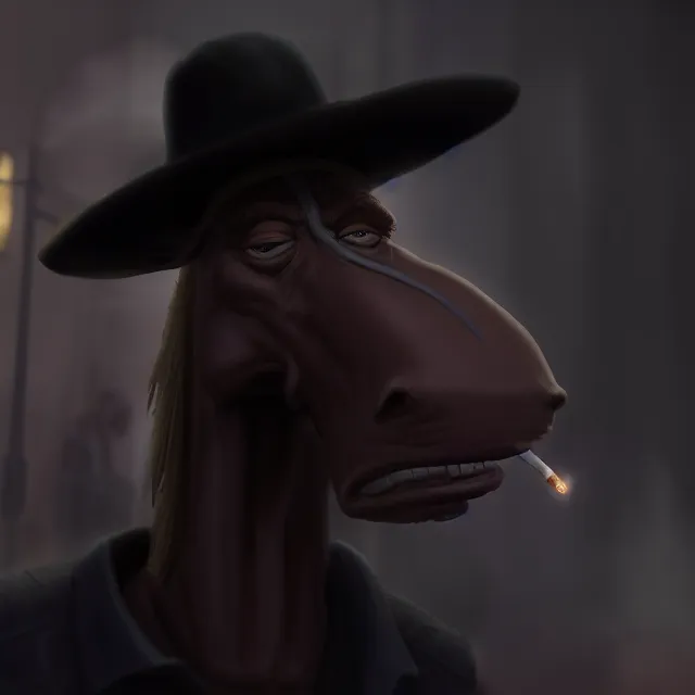 Cette image montre un cheval portant un chapeau de cowboy noir et fumant une cigarette. Le cheval regarde vers la droite du cadre, et son expression est celle de la tristesse et de la résignation. L'arrière-plan est sombre et flou, suggérant que le cheval est seul et isolé. L'image est probablement un commentaire sur la solitude et l'isolement de la vie moderne, même au milieu des autres.