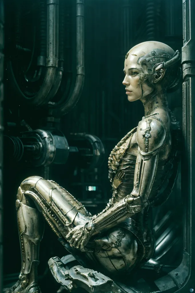 The image is of a female cyborg with light colored metallic skin and dark hair. She is wearing a black bodysuit and is sitting on a metal surface. The background is a dark, industrial setting with pipes and machinery. The cyborg's eyes are closed and she has a pensive expression on her face.