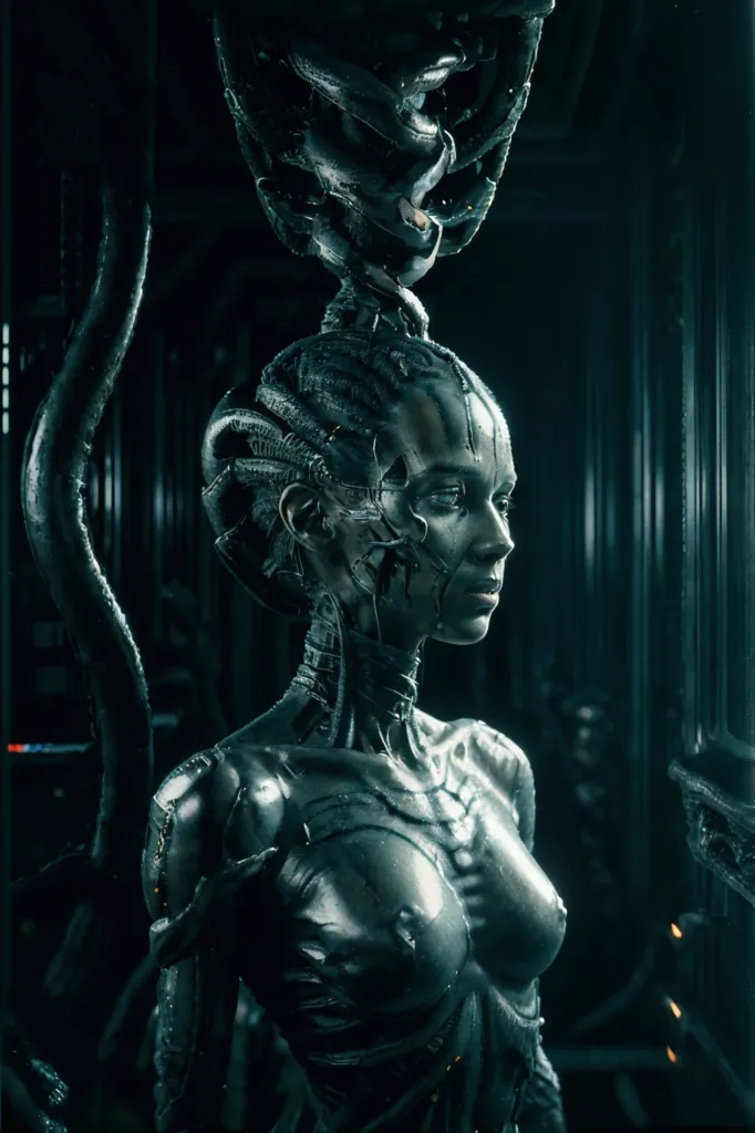 The image is a dark and moody portrait of a female cyborg. She is standing in a dimly lit room, with her head turned slightly to the right. Her face is expressionless, and her eyes are a deep, piercing blue. She is wearing a black bodysuit that covers her entire body, and her skin is a pale gray color. Her hair is long and black, and it is pulled back into a tight bun. She has a number of cybernetic enhancements, including a metal plate on her forehead, a metal tube running down her spine, and a number of wires and cables attached to her body. She is also surrounded by a number of strange and otherworldly objects, including a large, metal sphere, a number of floating, glowing orbs, and a number of strange, writhing tentacles. The image is full of mystery and intrigue, and it is unclear what is happening or what will happen next.