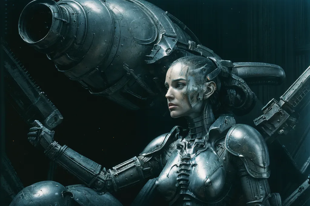 The image is a dark and moody portrait of a cyborg woman. She is wearing a black leather outfit and has a metal face and arms. She is sitting on a large gun and is looking at the viewer with a cold expression. The background is dark and out of focus.