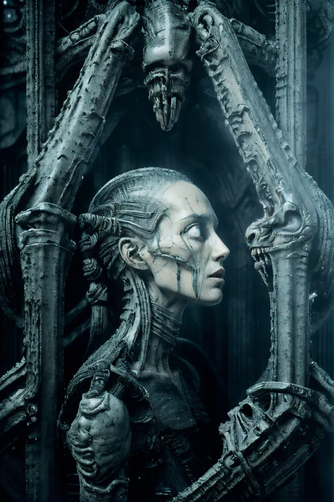 La imagen es un retrato oscuro y detallado de una mujer que parece ser una especie de cyborg o extraterrestre. Tiene la piel pálida, el cabello oscuro y una exoesqueleto que parece metálico. Sus ojos están muy abiertos y su expresión es de determinación. Está de pie frente a una puerta grande y ornamentada que está cubierta de símbolos extraños. La puerta está ligeramente abierta y una luz brillante brilla desde el interior.