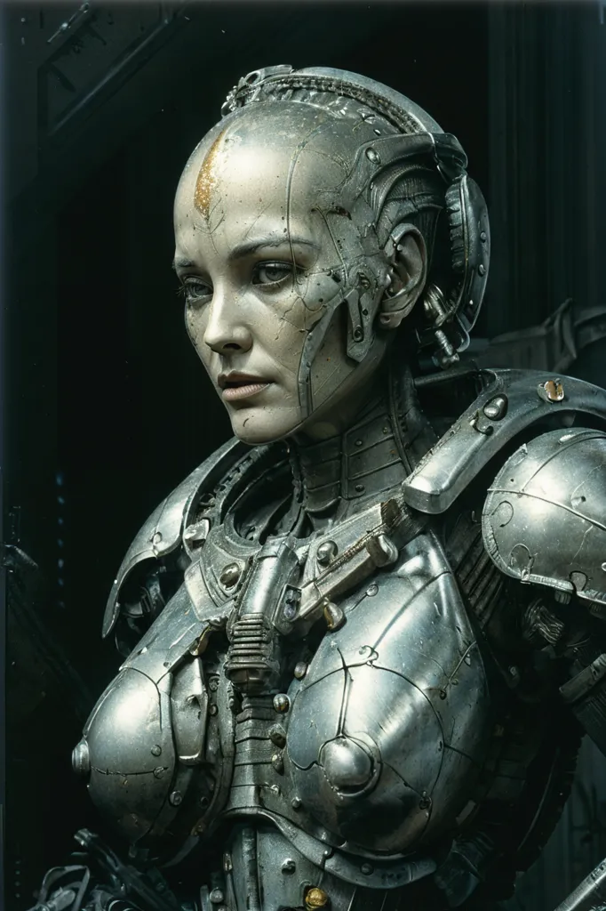 The image is a portrait of a female cyborg. She has a metallic head with a bald scalp and a few golden adornments on her head. The rest of her body is covered in silver metal plating, with some wires and tubes visible on her neck and chest. Her eyes are dark and her expression is serious. She is wearing a silver metal breastplate with a few golden adornments on it. She is also wearing a silver metal helmet with a golden visor.