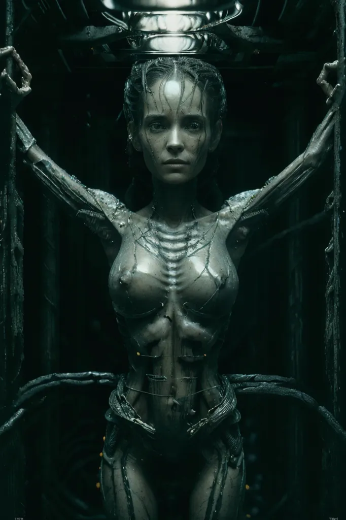 The image is a dark and detailed portrait of a woman who appears to be some kind of cyborg or alien hybrid. She is standing with her arms outstretched in front of her, and her head is tilted slightly to the right. Her eyes are wide and staring, and her mouth is slightly open. Her skin is pale and smooth, and her body is covered in a network of veins and wires. She is also wearing a strange device on her head that appears to be some kind of control panel. The background of the image is dark and out of focus, and it looks like she is standing in some kind of laboratory or other sterile environment.