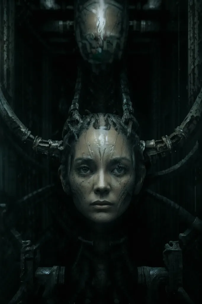 La imagen es un retrato oscuro y sucio de una mujer que parece ser una especie de ciborg o androide. Tiene una placa metálica en la cabeza con cables y tubos que sobresalen de ella, y sus ojos son de un azul frío y acerado. Su expresión es de determinación y desafío, como si estuviera lista para enfrentar cualquier desafío que se le presente. El fondo es un entorno industrial oscuro, con tuberías y maquinaria visible en las sombras.