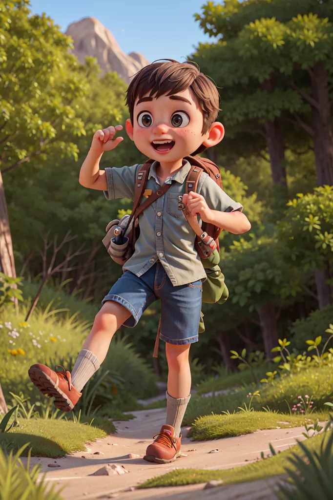 The image shows a young boy, around 8 years old, dressed in hiking gear. He is wearing a light blue short-sleeved shirt, blue gym shorts, brown hiking boots, and a brown backpack. He has a bright, happy expression on his face and seems to be enjoying his hike. He is surrounded by lush green trees and plants and appears to be on a dirt path. In the background, there is a mountain range, partially obscured by the trees. The image is rendered in a realistic 3D style.