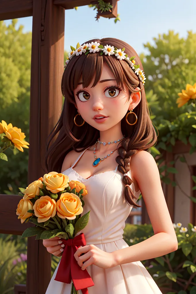 The image shows a young woman, probably in her late teens or early twenties, with long brown hair, brown eyes, and a fair complexion. She is wearing a white dress with a sweetheart neckline and a full skirt. The dress is trimmed with yellow roses. She has a wreath of white and yellow flowers in her hair and is holding a bouquet of yellow roses. She is standing in a garden, with a wooden fence covered with yellow flowers behind her.