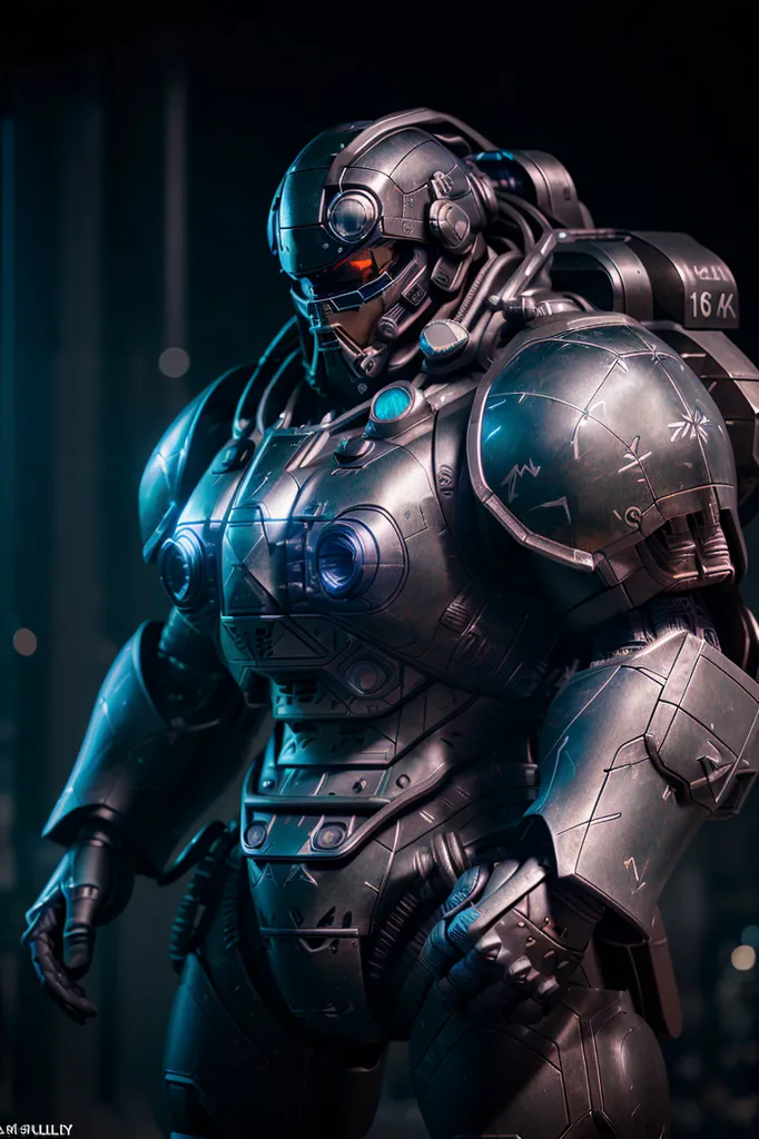 The image shows a man wearing a futuristic suit of armor. The armor is made of a dark metal and has blue lights glowing from the eyes and chest. The man is standing in a dark room and there is a bright light shining on him.