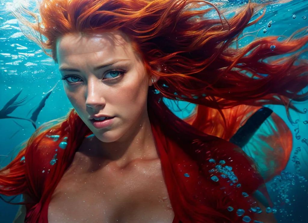 The image shows a woman with long red hair swimming underwater. She is looking at the camera with a serious expression. Her hair is flowing around her head and her body is covered in small bubbles. The background is a deep blue color with some small fish swimming in the distance.