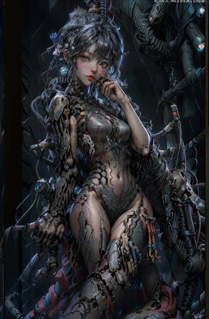 The image is a dark and detailed portrait of a female cyborg. She has long, flowing hair, and her body is covered in intricate metallic armor. Her face is pale and expressionless, and her eyes are a deep, piercing blue. She is standing in a dark, industrial setting, and she is surrounded by strange and mysterious machinery. The image is full of contrast, and the light and dark areas create a sense of tension and unease. The cyborg woman is a powerful and dangerous figure, and she is not to be trifled with.