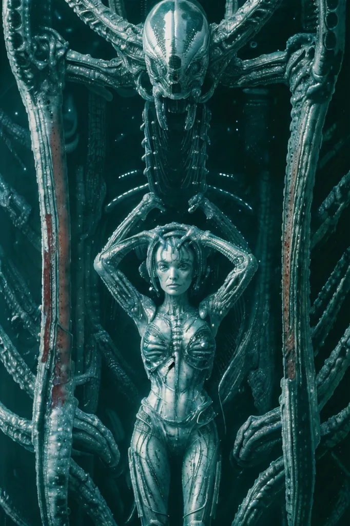 The image is a dark and eerie depiction of a woman standing in a strange and alien environment. The woman is tall and slender, with pale skin and long, flowing hair. She is wearing a strange and somewhat erotic outfit, and her body is The lines are emphasized.

The woman is standing in a large, open room. The walls of the room are covered in strange and alien symbols, and the floor is covered in a thick layer of some strange, organic material. In the background of the image, there is large, looming figure. The figure is dark and shadowy, and it is difficult to make out its details. However, it is clear that the figure is massive and powerful.

The woman is looking at the figure with a mixture of fear and defiance. She is clearly afraid of the figure, but she is also determined to stand up to it. The image is a powerful and evocative depiction.