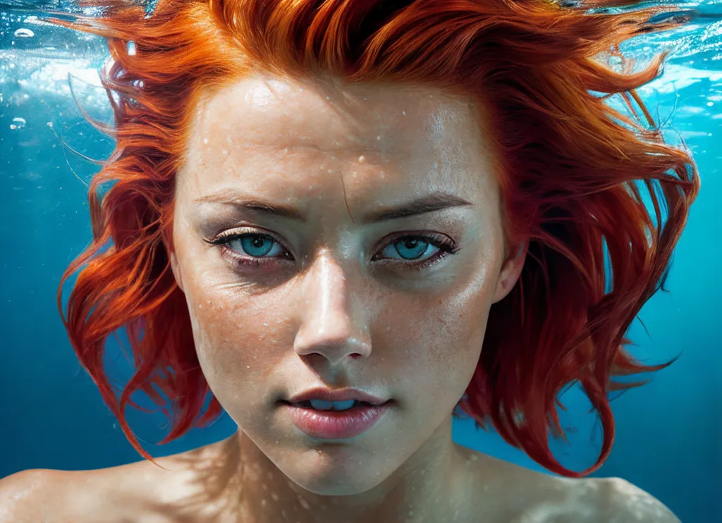 The image shows a young woman with long, red hair. She is submerged in water, and her hair is floating around her head. Her eyes are open, and she is looking directly at the viewer. The water is clear, with a greenish-blue tint. The background is out of focus. The woman's expression is one of peace and serenity. She is wearing a bathing suit. The image is photorealistic, and the woman's skin is rendered in great detail.