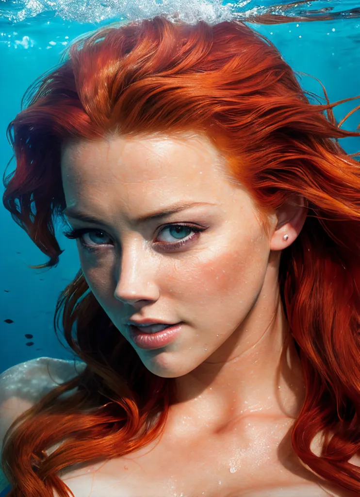 The image shows a woman with long, red hair swimming underwater. She has green eyes and is wearing a silver earring in her left ear. She is looking at the camera with a serious expression. The background is a blur of blue water.