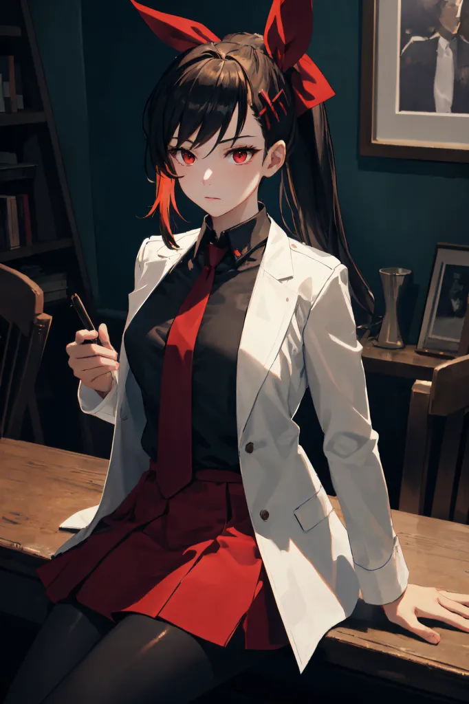 The image shows a young woman with long black hair and red eyes. She is wearing a white lab coat over a black shirt and red tie, and a red skirt. She is sitting on a table, with one hand resting on the table and the other holding a pen. There are bookshelves and a picture frame on the wall behind her.