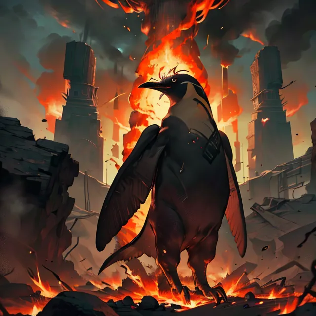 The image shows a penguin standing in the middle of a burning city. The penguin is black and white, with a yellow beak. It is standing on a pile of rubble, and there are flames and smoke all around it. The penguin is looking at the viewer with a determined expression. It is unclear what caused the fire, but it appears that the penguin is the only survivor.