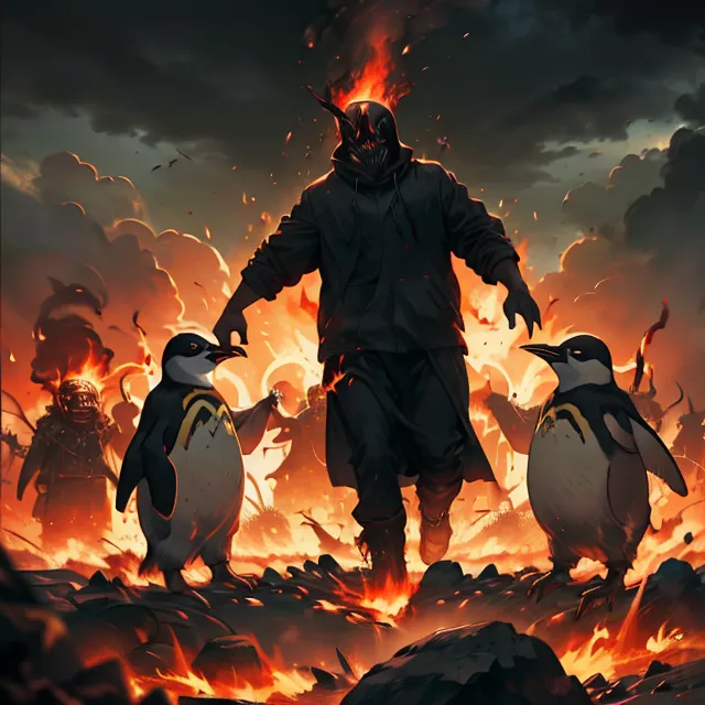 Flames engulf the landscape as a menacing figure strides forward, flanked by an army of penguins. The figure is tall and imposing, dressed in a black coat and mask. His eyes are a bright, piercing yellow, and his mouth is set in a grim line. The penguins are of various sizes, but they are all united in their loyalty to their leader. They march forward with determination, their eyes fixed on the figure in front of them. The scene is one of power and intimidation, as the figure and his army of penguins seem unstoppable.