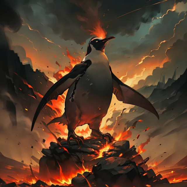 A penguin stands on a rock in the middle of a fiery hellscape. The penguin is black and white with a yellow beak, and it is surrounded by flames. The background is a dark, stormy sky, and the penguin is the only source of light in the image. The penguin is standing with its wings spread wide, and it looks like it is ready to take flight. The image is both beautiful and terrifying, and it is a reminder of the power of nature.