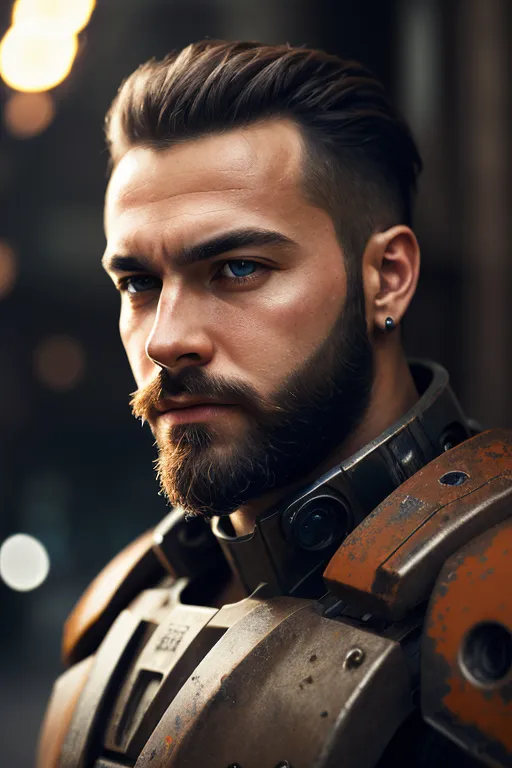 This image shows a man with dark hair and blue eyes. He is wearing a futuristic suit of armor. The armor is made of metal and has a lot of detail. The man's hair is short and well-groomed. His beard is short and trimmed. He has a serious expression on his face. He is looking at the camera. The background is out of focus.