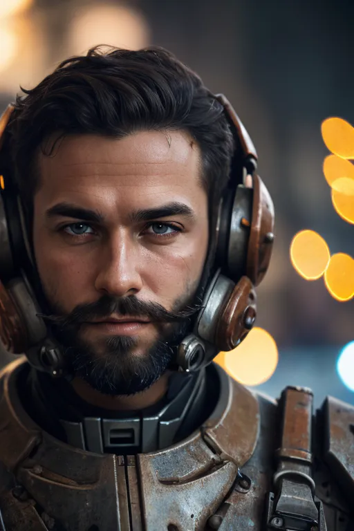 The image shows a man with dark hair and a beard. He is wearing a futuristic armor and a pair of headphones. The man has a serious expression on his face. He looks like he is in the middle of a battle. The background is blurred, but it looks like the man is in a city.