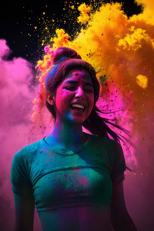 This is a photo of a young woman covered in brightly colored powder. The woman is smiling and has her eyes closed. She is wearing a green shirt and has her hair in a bun. The background is a dark color.