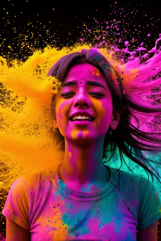 This is an image of a young woman covered in colorful powder. The woman is smiling and has her eyes closed. She is wearing a purple shirt. The background is black. The image is taken from a low angle, making the woman appear larger than life. The colors in the image are vibrant and saturated, creating a sense of excitement and energy. The image is a celebration of life and joy.