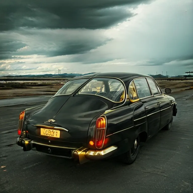 The image shows a black vintage car parked on an asphalt road. The car is facing away from the viewer, and the image is taken from a low angle. The car is a black four-door sedan, with a chrome bumper and white wall tires. The car is in good condition and appears to be well-maintained. The background of the image is a dark, cloudy sky. The car is parked on a pier, with the water in the background. The image is well-lit, and the colors are vibrant. The overall mood of the image is one of mystery and intrigue.