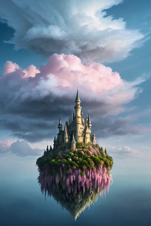 The image is a beautiful depiction of a fairytale castle. The castle is surrounded by lush greenery and pink flowers, and it appears to be floating on a cloud. The sky is a deep blue, and the clouds are a light pink. The castle is made of gray stone. The image is very serene and peaceful.