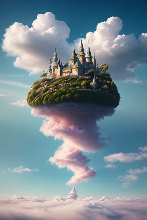 The image is a beautiful depiction of a castle floating in the sky. The castle is surrounded by lush green trees and flowers, and there are clouds drifting by in the background. The sky is a clear blue, and the sun is shining brightly. The castle itself is made of gray stone with turrets and towers, and it looks like it is straight out of a fairytale.