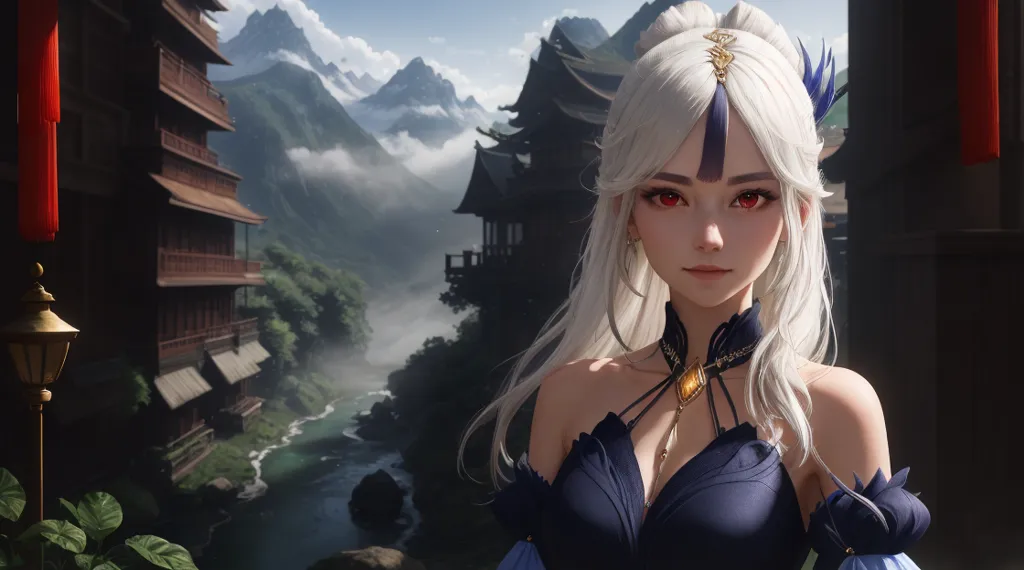 The picture shows a beautiful young woman with long white hair and red eyes. She is wearing a blue and black dress with a white and gold necklace. She is standing in a Chinese-style building with a beautiful landscape of mountains and a river in the background.