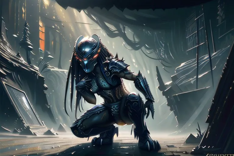 The image is a dark and detailed painting of a female Predator. She is crouched in a ruined city, her eyes glowing yellow in the darkness. Her armor is black and silver, and her skin is a light grey. She has long, flowing hair and a large, spiked collar around her neck. Her weapons are a pair of wrist-mounted blades and a spear. The background of the image is a ruined city, with large buildings and structures in the distance. The sky is dark and cloudy, and there is a light rain falling.