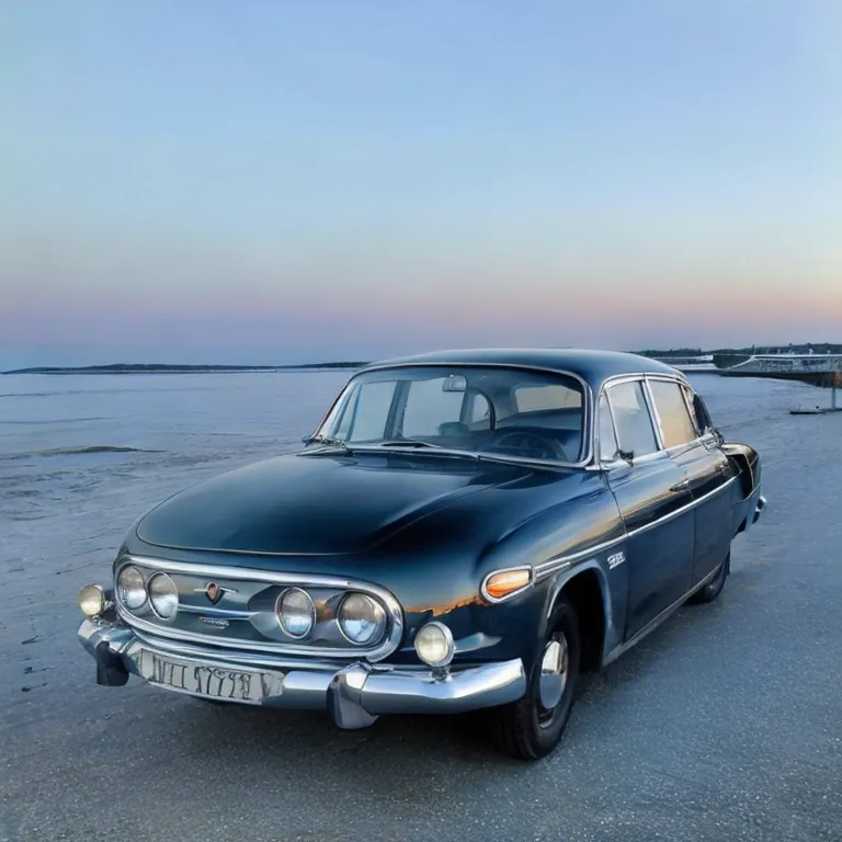 The image shows a dark blue vintage car parked on a frozen lake. The car is a Tatra 603, a Czechoslovak luxury car produced from 1955 to 1975. It is a four-door sedan with a distinctive design, featuring a long hood and a short trunk. The car is in good condition and appears to be well-maintained. The background of the image is a frozen lake, with a snow-covered shoreline and a few trees in the distance. The sky is a clear blue, with a hint of orange at the horizon. The image is taken from a low angle, which makes the car look larger and more imposing. The overall effect of the image is one of beauty and nostalgia.