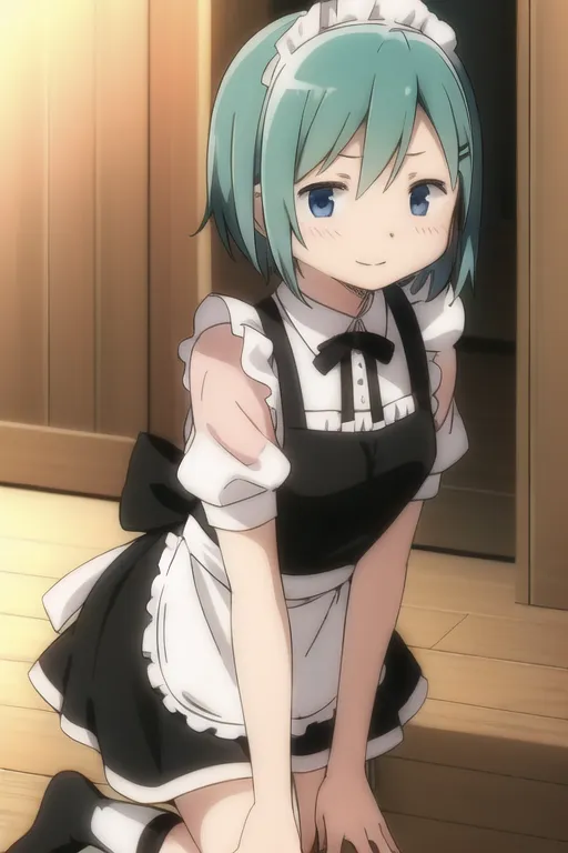 The image contains a young girl with green hair and blue eyes. She is wearing a black and white maid outfit. She is kneeling on the floor and looking at the viewer with a shy smile on her face. The background is a blurred image of a hallway.