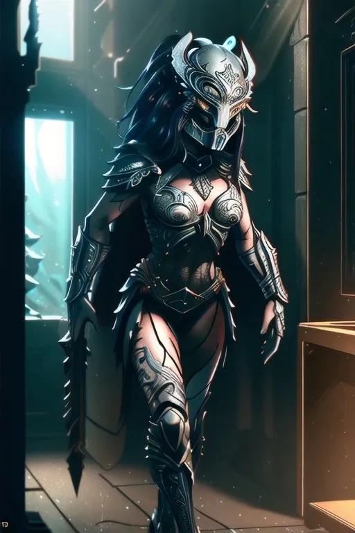 The image is of a tall, slender woman with long black hair and blue eyes. She is wearing a black and silver Predator suit. The suit has a metallic sheen and is covered in intricate patterns. The woman is also wearing a helmet that has a visor and a pair of mandibles. She is carrying a pair of wrist blades and a spear. The woman is standing in a dark room. There is a window in the background, and a light is coming in from outside. The light is casting shadows on the woman's face and body. The woman is looking at the camera with a fierce expression.